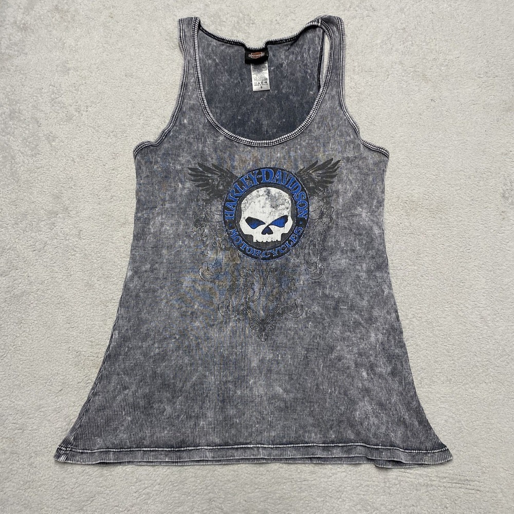 Harley-Davidson Gray Black Acid Wash Skull Tank Top